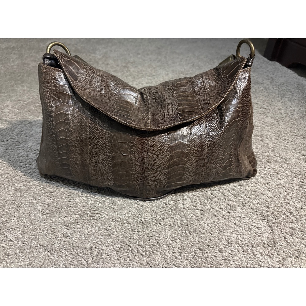 R&Y Augousti Brown Ostrich Leg Leather Shoulder Bag Woven Handle Brass Hardware
